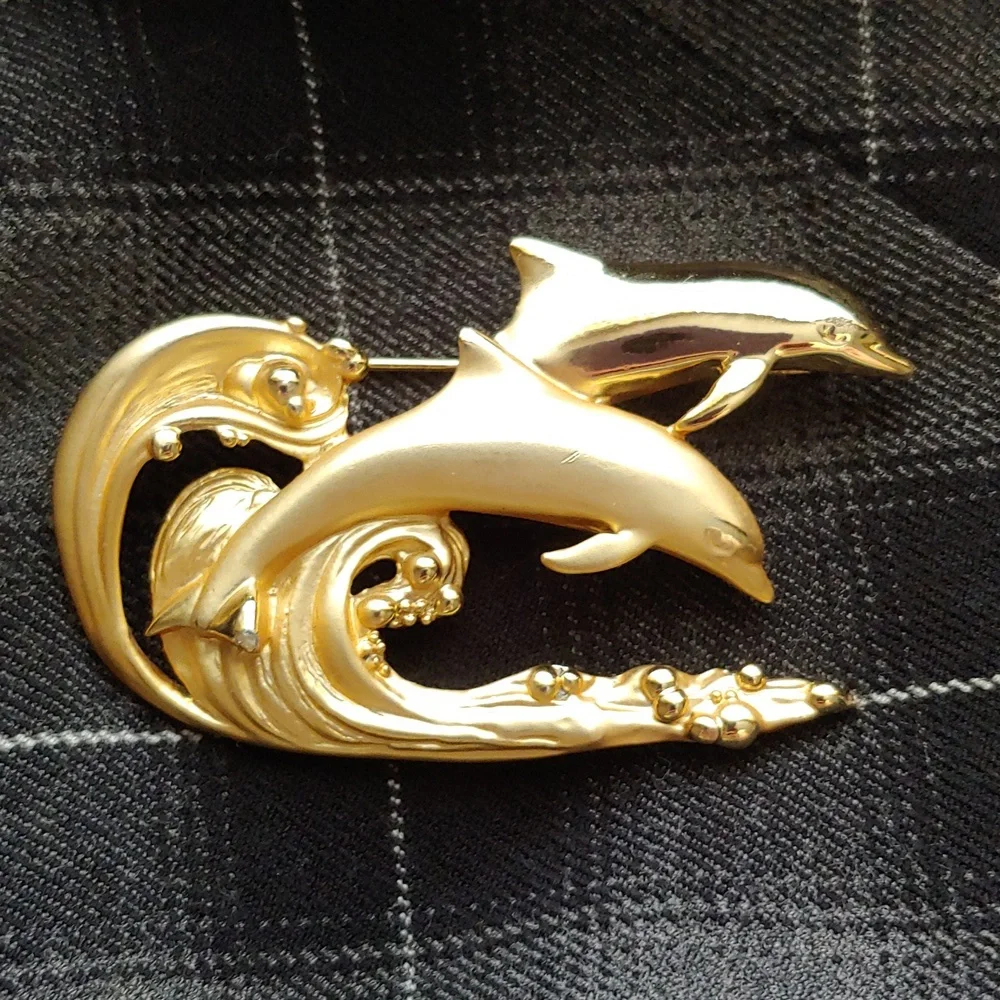 Vintage A.J.C. Double Dolphins Brooch, Gold Tone